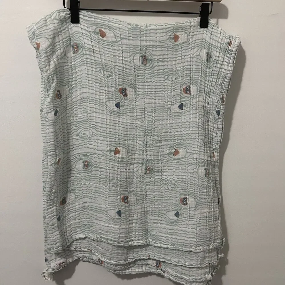 Bebe Au Lait Swaddle Blanket Cotton Muslin Owls Mushroom Green 49”x47” Baby